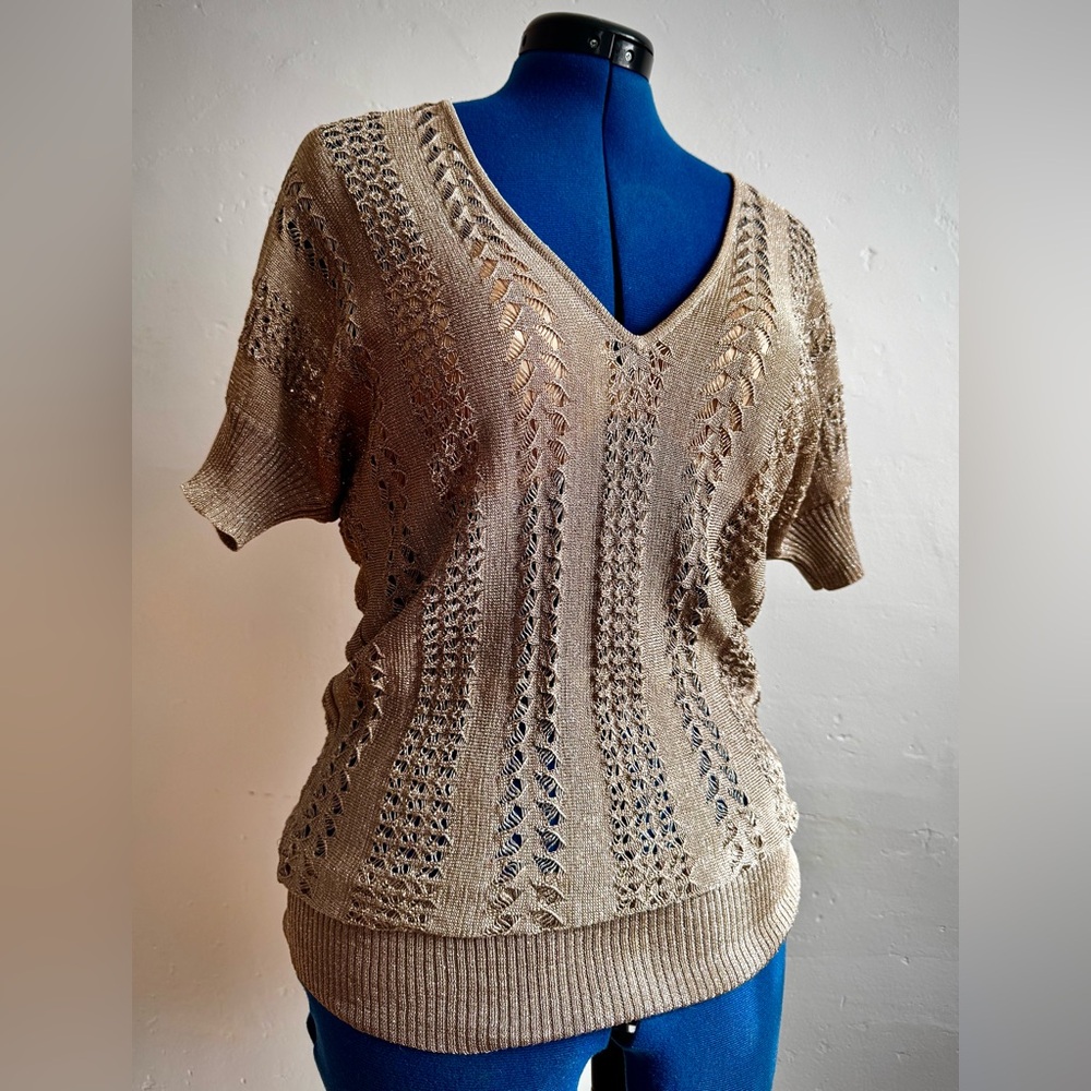 Vintage Limited Taupe Open Knit Top with Deep V neck and Short Sleeves